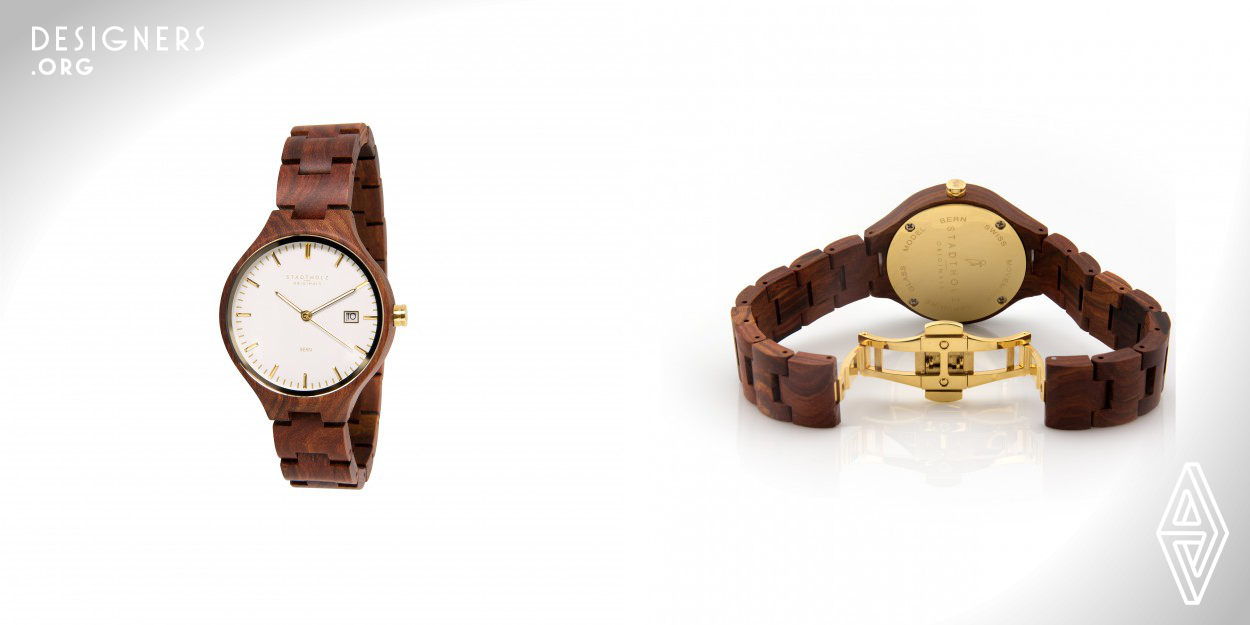 Every piece is unique and handmade, equipped with a swiss movement and sapphire glass for protection and perfectness. It is built up from the most exquisite woodtypes and pieces, every one is hand- selected and treated to get a momentum for time. The design is timeless and it is part of the TIMELESS Collection from STADTHOLZ.