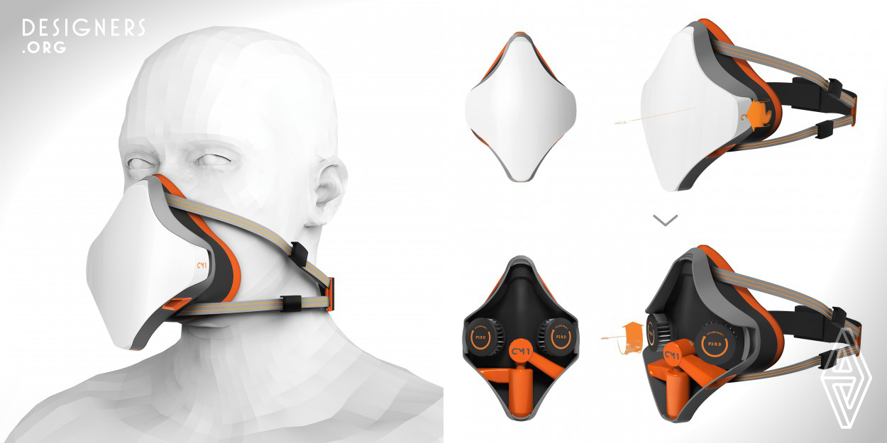 Cyclone Mask 1 – CM1 – is a safety respirator in combination with a cyclone separator and a digital system. It provides more durable and long lasting filters due to the cyclone pre filter system. A combination between an app and RFID chips gives the user instant feedback about the status of the filters and if he has to to change them. The app educates the user in a certain way and helps him to understand dust protection. Because it makes dust contamination visible.  