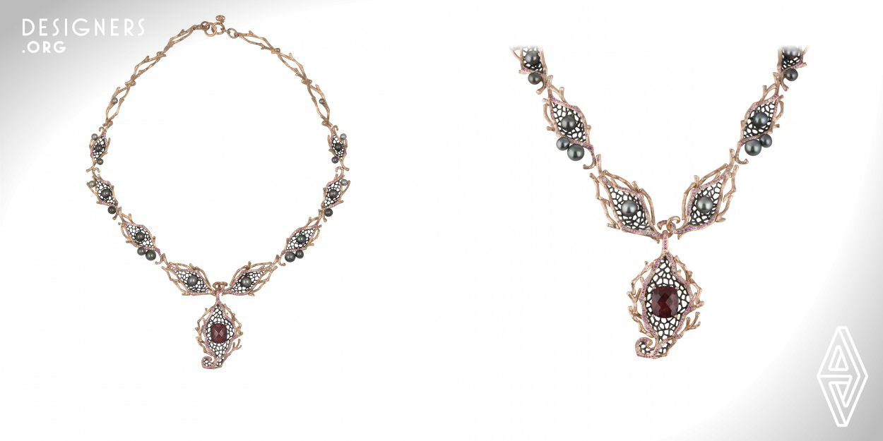 Inspired by journeys of metamorphosis, this 18K Rose Gold necklace unfurls to reveal more than meets the eye. Featuring a mesmerising red garnet, rare black Tahitian keshi pearls, pink sapphires and diamonds, this stunning piece is an expression of emerging confidence and is sure to command attention.