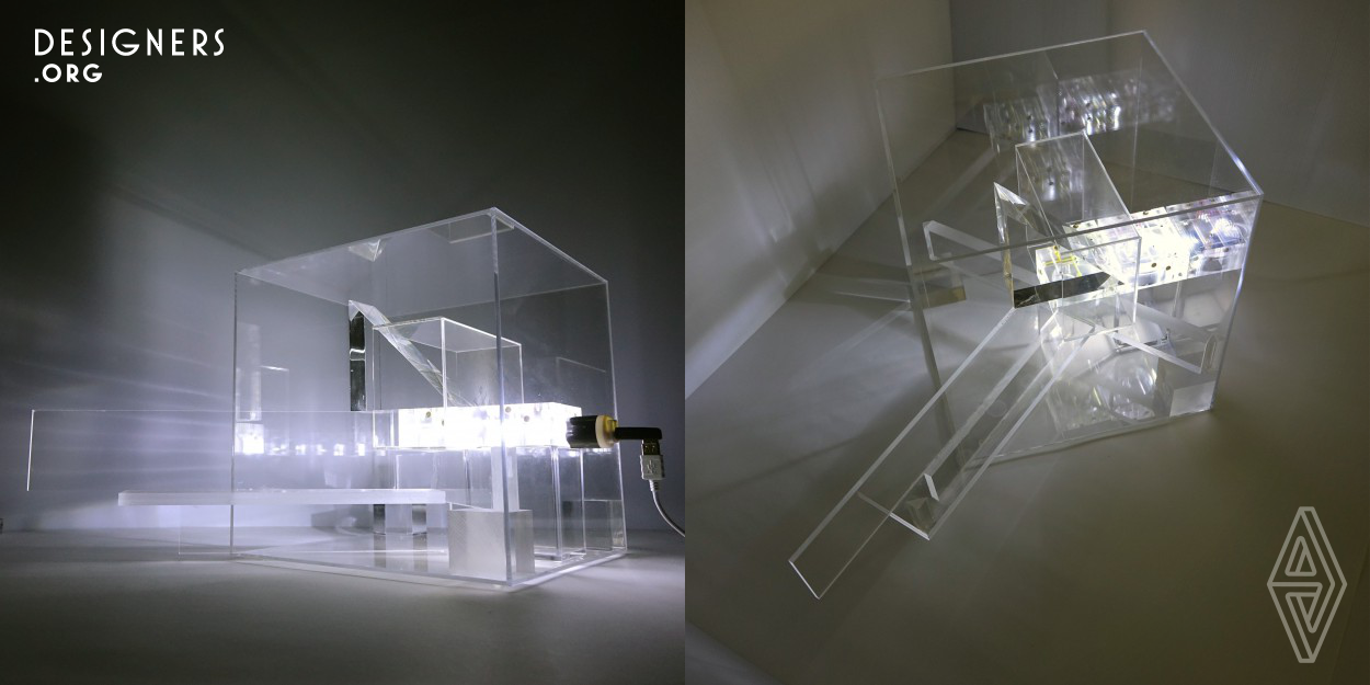 The designer creates this lighting installation as an image of life. The design is made of transparent as well as reflective components. Like the interior of a space that people belong to, the activities occurring around the components are similar to going through a series of inter-reflections. People are encouraged to walk around this lighting installation to learn the multi-oriented reflectivity of life, through different levels of transparency. 