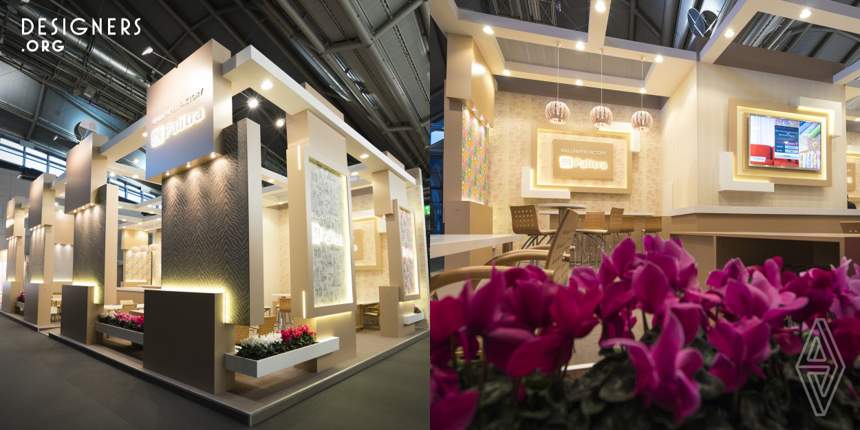 The aesthetic idea of the exhibition stand is the image of sunny meadow with flowers. The product of the exhibitor company is the wallpaper. Flowers are in drawings of the wallpaper, real flowers are on the floor of the stand, lamps look like the buds of flowers. The main focus of this project to connect the drawing of the flowers of wallpaper and real flowers used in decoration of the stand.