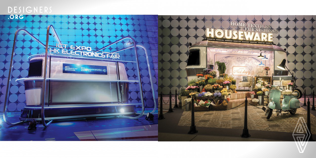 In April 2016, 3 trade fairs opened in succession and a series of welcome installations were required to mark the entrance of the venue. Apart from each fair having its own unique identity, onsite construction wastage had to be kept to a minimal for each transformation. A mobile truck was morphed into 3 different themes to suit the related trade fair; futuristic transporter, European mobile flower shop and pop-up candy stall, offering a more sustainable approach to creativity.