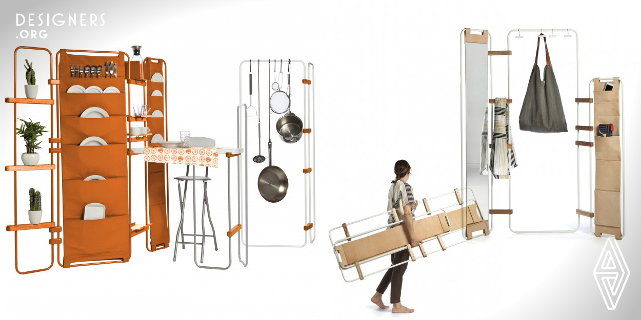 This modular freestanding system can be completely customized.Different sized metal frames and wooden hinges create an innumerable amount of configurations. Several accessories such as mirrors, hooks, hangers, trays , shelves and leather or fabric pockets , can be used to further customize the product . The frames can be moved by the hinges to adapt to any space and can also be folded flat for storage or easy transport. At any time more frames and hinges can be added to the structure. All of these elements create clothes rails , hallway or bathroom units , office panels ,dividing screens ,et