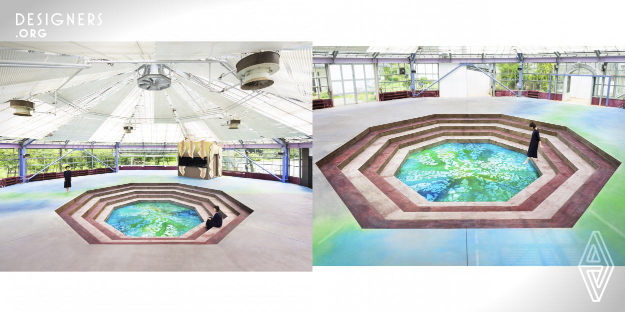 The following renovation project aimed to transform a botanical garden located near Lake Ashi in the Hakone area, into a museum/a multi-purpose space . we poured new concrete over the entire floor and created an octagonal amphitheater at the center of the entrance dome where the banyan tree used to be. A transparent resin was then spread at the bottom of the amphitheater floor to form a spring that honors the profound serenity and mystery surrounding water by acknowledging the memory of the botanical garden's naturally occurring body of water, as well as the Hakone landmark that is Lake Ashi