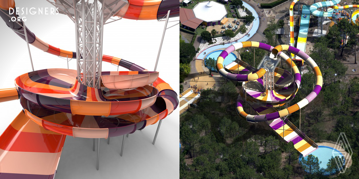 This slide's design creates a new perspective by aiming to satisfy guests' evolving interests while remaining within safety norms. Its racing concept aligns riders in separate lanes that plunge guests into a bowl where centrifugal force propels them out and up a wide, vertical slope. Rafts rush toward the top before sliding backward in a reverse ride. "Water splash" sensors track rafts and display results such as high points reached and biggest splash. The slide is manufactured using RTM (Resin Transfer Molding) for benefits such as better component alignment and smooth, shiny finishes.