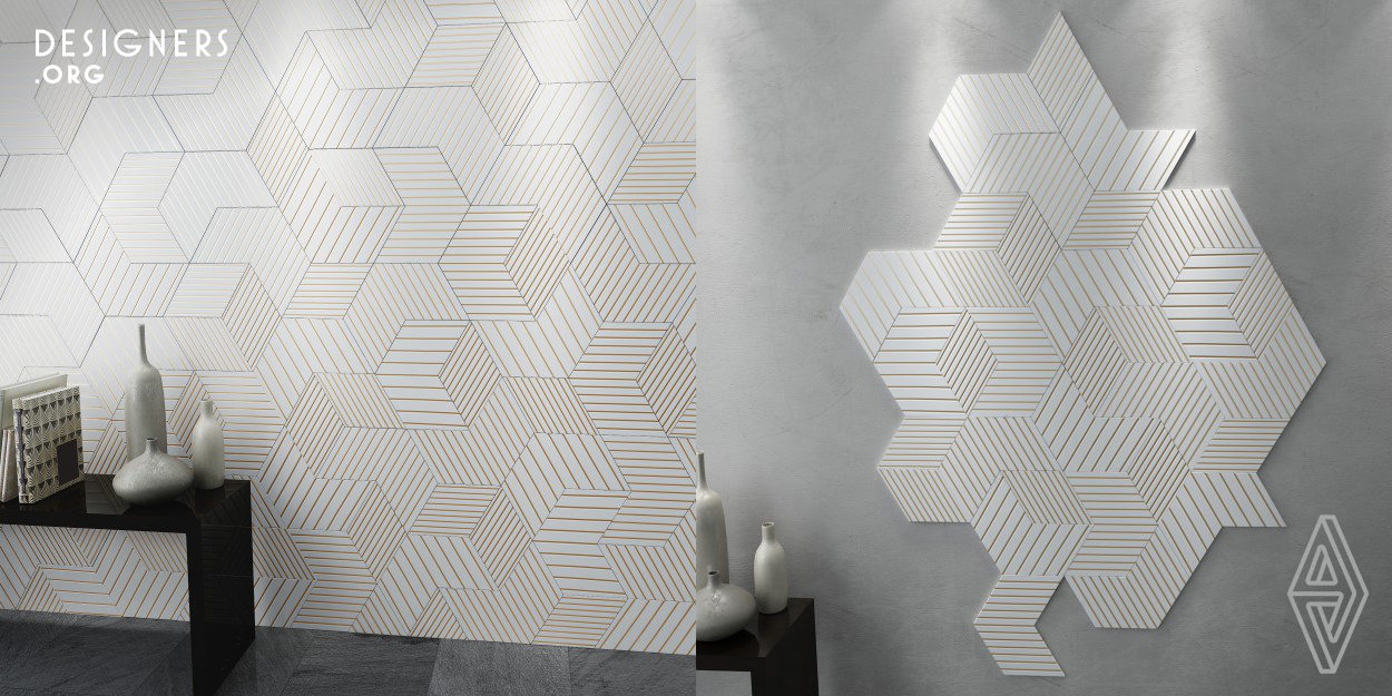 For Ceramic tiles based on the principles of continuity and sustainability, it was inspired from universal shapes of yeast patterns from past to present. Using the 120 ° and 60 ° angles in geometric forms, completion of parts is provided in many edges.Frequent-rare relation in moving transitions is obtained by using different frequency of lines on alternately ongoing parts. Depending on the chosen bright golden tone and the intensity of light, moving transitions are obtained on the wall with light shining.