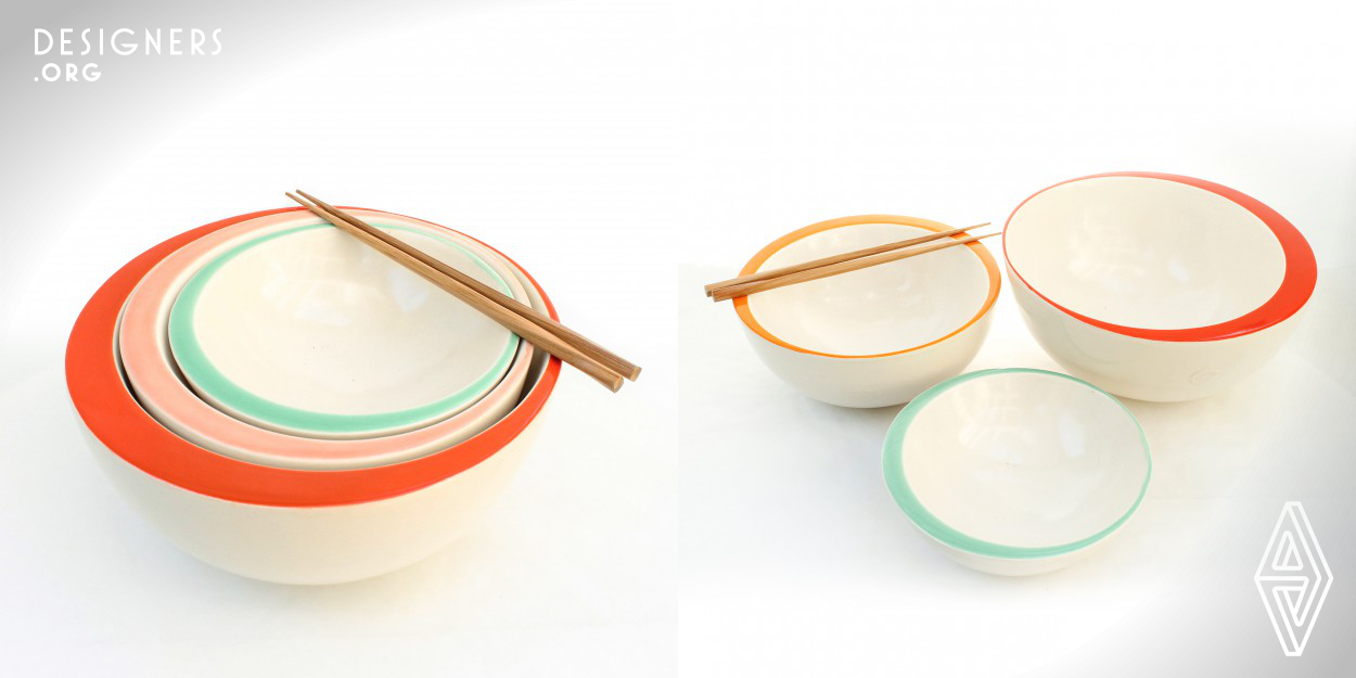 The Eclipse noodle bowl set is designed with hot, delicious broth and noodles in mind. Each bowl is double-walled allowing one to hold and carry a bowlful of steaming broth without burning one's hands. The thin, or sipping, edge of the offset rim allows one to savor every drop of that broth. Available in a nesting set of three sizes, the larger two Eclipse bowls are perfect for adult eaters with different appetites, where the small is great either for a small child or for all those toppings to be added at the table. 