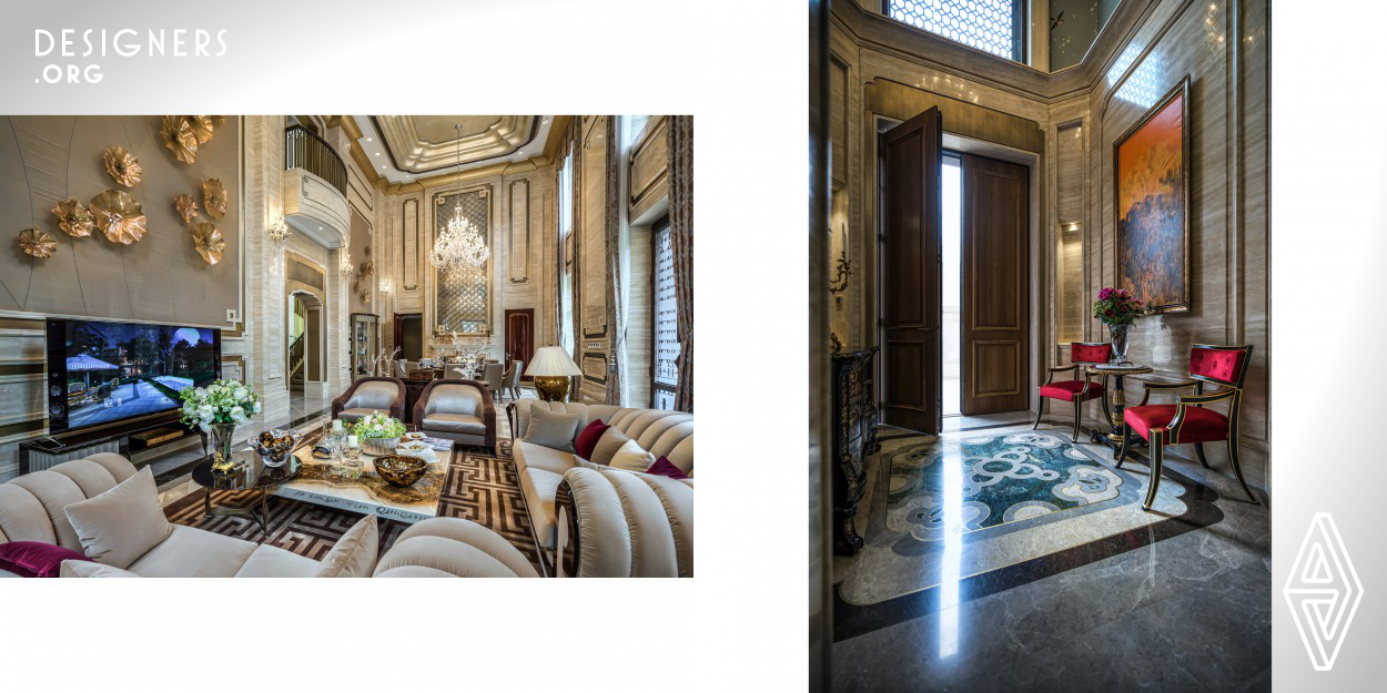 This project uses simple neoclassical framework to build a space that merges Chinoiserie and Western Classic together. Some Chinoiserie elements are used such as the Huizhou architectural archway that connects the main hallway and living room. Texture rich travertine stone, with its calming and elegant color is used throughout the majority of the public area. 