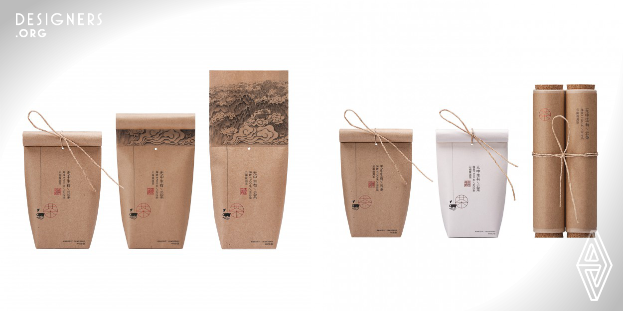 Combined with the packaging of traditional Chinese calligraphy and painting scroll, the design involves the inspiration of scroll into the tea tube and tea bag, which has different features from other designs. The advantages of this design is that people will have a sense of ritual when they opened the package. After opening the knot, it unfolds a picture of Chinese landscape painting which is composed of the roots of a tree, leaves of tea and flower of tea. It can not be seen before opening, thus the packaging only has concise patterns which only includes teapot, words and seal.