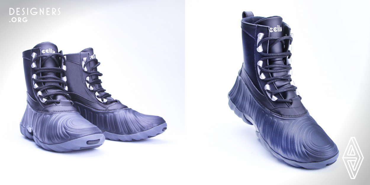Diffusion is a series of winter boots. The ccilucell compound makes this shell light and waterproof. The three drops on toe, heel and bottom produce the whole shoe and represent the singularity of CCILU. The structure is strengthened by rib-like energy bars on the side wall. A Nylon shank on the arch stabilizes wearer’s foot. The rubber outsole provides a slip-resistant feature and the drop in the middle is diffused by covering the entire outsole and its' different color  enhances the visual effect. With tech upper design, Diffusion boot is stylish and functional.