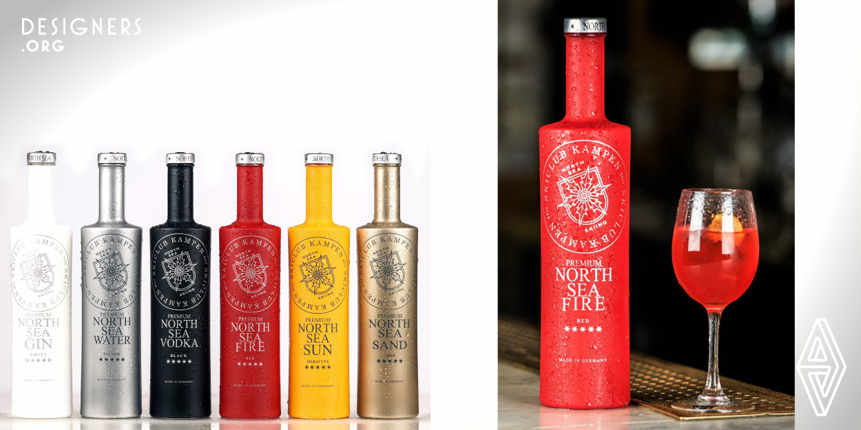 The design of North Sea Spirits bottle is inspired by the unique nature of Sylt and incorporates the pureness and clearness of that environment. In contrast to other bottles, North Sea Spirts are fully covered by an unicolored surface coating. The logo contains the Stranddistel, a flower only existing in Kampen/Sylt. Each of the 6 flavors are defined by one specific color while the content of the 4 mix drinks is identical to the color of the bottle. The coating of the surface delivers a soft and warm handfeel and the weight adds to the value perception.