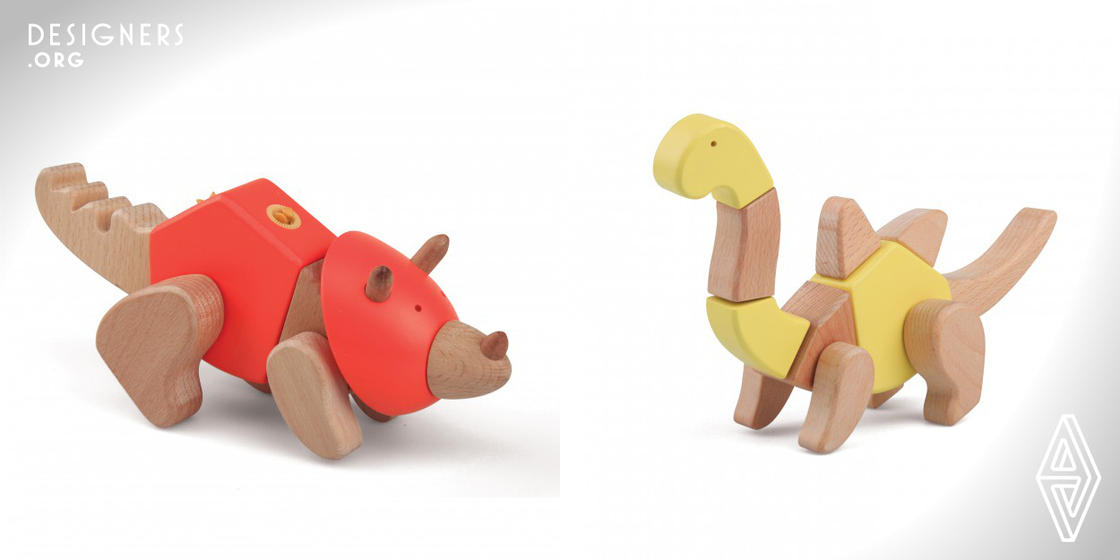 The EQB Dino series is a quality wooden toy which utilizes EQB's proprietary Smart Joint - a genderless snap joint, to allow endless building possibilities. By eliminating separate male and female part, any joint can be connected to any other joint, allowing wider building possibilities. The competing collection is a series of three dinosaur toys that can easily break down to block elements and rebuilt into another dinosaur. 