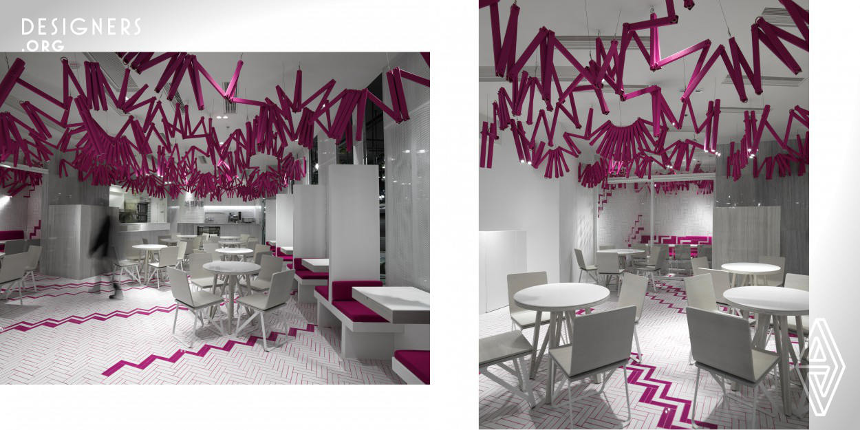 #OMG is a popular hashtag on social media platforms, hashtags allow users to express feelings and connect posts with the same tag, this concept is illustrated in the design. The theme color of this Japanese restaurant, magenta, resembles Japan’s iconic sakura and flag. Custom-made lamps, floor pattern, square furniture imitate rigid and angular pixels, and the connection created by social media.
