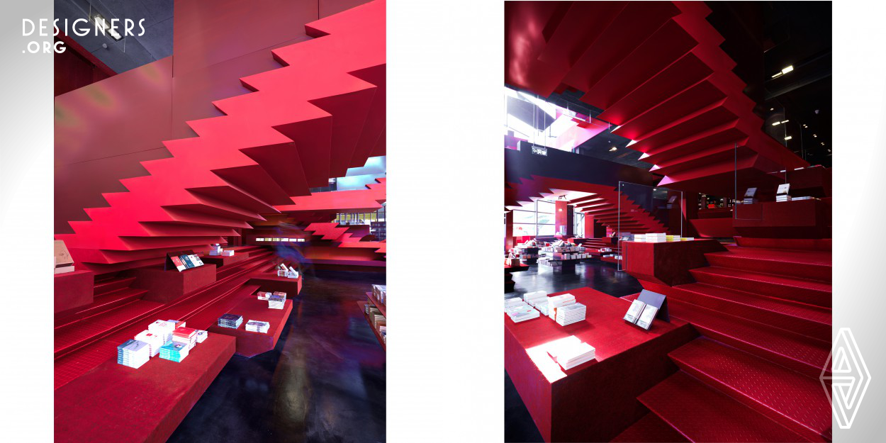 Mezzi Master is a 4-storey cultural centre with a book shop and exhibition space. The theme, “staircase”, is a metaphor for the acquisition of knowledge through reading.  The iconic enormous dark red sculptural staircase serves as a product display platform and seating for readers, encouraging readers to walk to other levels. The staircase itself is an art piece, the lower end of each step goes slightly inwards to create a richer and dynamic vibe. Custom-made bookshelves are vertical version of stairs to match with the theme. 