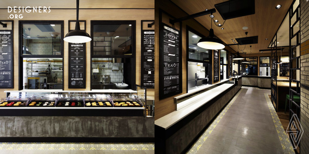The client is headquartered in Japan with 1,300-doughnut shop brand stores, and "& Dough" is a cafe brand to be newly developed and is the first store to make a grand opening. We highlighted the strength that our client could provide and we reflected them into the designs. Taking advantage of our client’s strength, one of the first characteristic points of this cafe is the relation between the purchase counter and the kitchen. By setting up a wall and balanced-sash-window, our client is good at this operating style, will make the customers flow smoother.