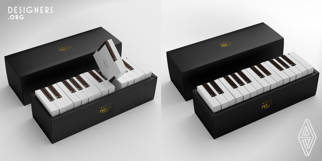 Gift packaging for cakes (financier). The picture shows the 15-cake size box (Two octaves). Usually, gift boxes simply line up all the cakes neatly. However, their boxes of individually wrapped cakes are different. they cut costs by focusing on only one design, and in making use of all six surfaces, they were able to recreate every type of keyboard. Using this design, they can create any keyboard size, from small keyboards, to full 88-key grand pianos, and even larger. For example, for one octave of 13 keys, they use 8 cakes. And an 88-key grand piano would be a gift box of 52 cakes.