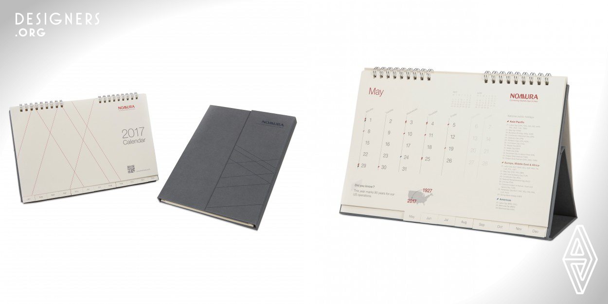 “Techo” means “notebook” in Japanese, which brings out the unique properties of this calendar. With its foldable structure, this design can function as both a desktop calendar and a handy notebook, depending on how it is folded. Additionally, the foldable structure acts as a cover when it is closed, making it an immediate gift item with no extra packaging is required. Dates and global public holidays are indicated on the content pages, along with some fast facts about the firm in order to promote the company’s brand directly to the users.