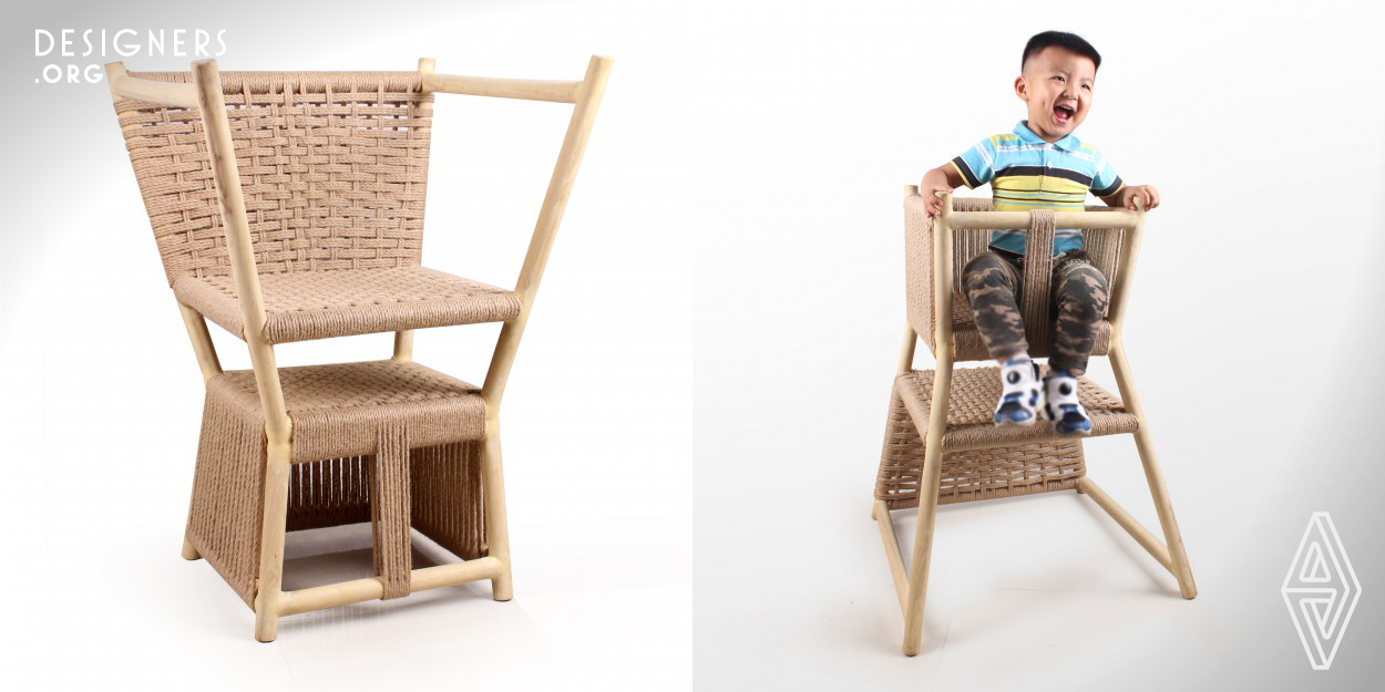 The rapid growth and development of children shorten the children products' life , resulting in a waste of resources . The children's dinning chair is designed into a dual-purpose chair through a reverse way to prolong the service life of the chair.From parenting chair to the adult chair , the change of this two using ways witnessed the parental process . At the same time , it fully express the theme "hug", the family is a kind of depth , is warm , and it's unconditional and unrequited. 