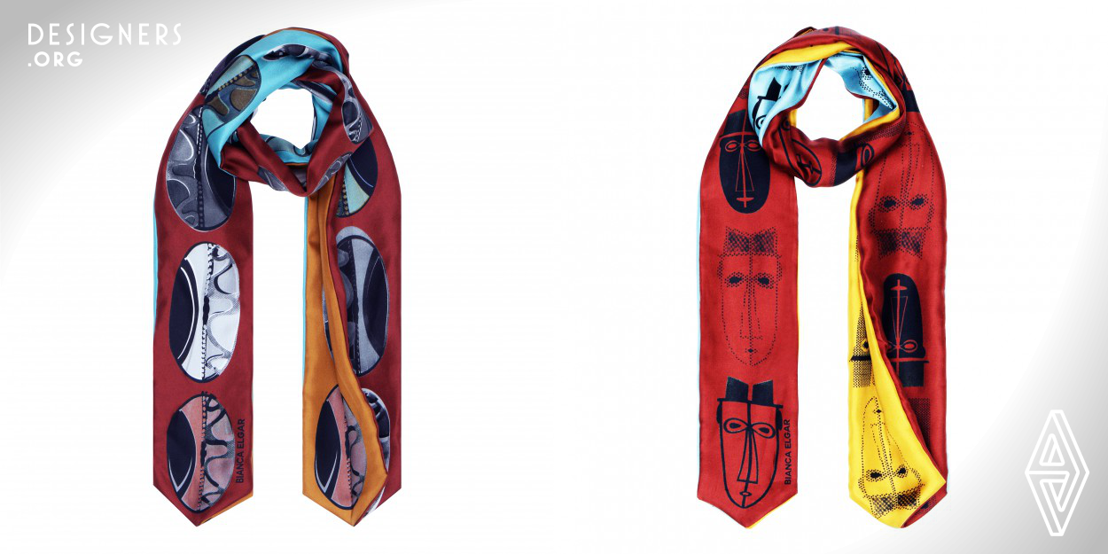 The Bianca Elgar Three Sided Skinny scarf has three different colour prints on each side, which offers versatile styling options, making it three scarves in one. The design showcases three prints from the "Out of Africa" collection, created using silk screen print art and is then digitally printed on high quality 100% silk twill. 
The Three sided skinny scarf is inspired by African jewellery, masks, imaginative designs and shields. This lightweight, easy-to-style scarf is a wonderful start for those who wish to experiment with different ways of wearing a touch of colour and print. 