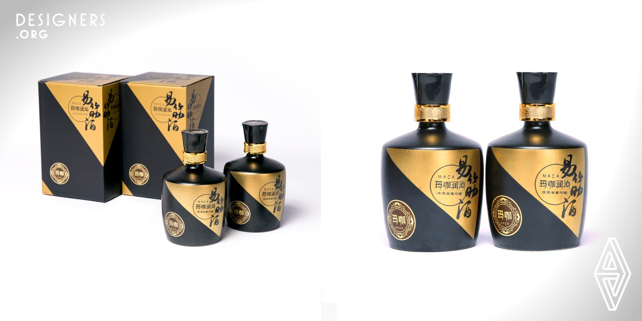 Chinese Medicinal Liquor Packaging, The packaging design adopts the inner packaging combined form, packaging ceramics bottle, suitable for storage of liquid products, packaging paper and corrugated paper with color printing form, suitable for packaging and transport protection. On the surface of the packaging design, the use of the geometric design of the design of a simple packaging effect, only gold and black two colors. The simple geometry of the triangle, the outer packing and the inner packing are the same style. 