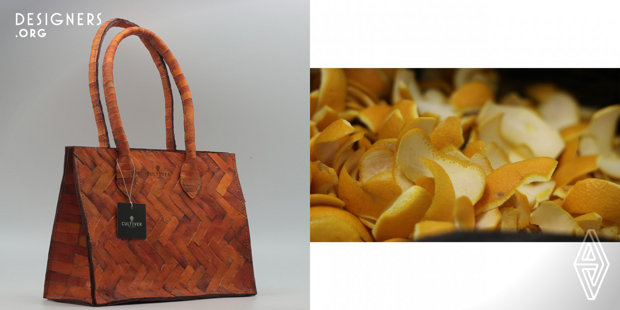 In the beverage industry, orange peels are disposed at a massive rate. This by-product generated from the process of fruit juice extraction is innately pliable and durable, thus presenting itself as a great leather alternative for handbag. The unique property of orange is that it produced a pleasant aroma. Hence the challenge is to find ways to preserve the material. It was concluded that mechanical dehydration removed all the moisture, and eliminated the process of decomposition. The production process was separated in four main stages – dehydration, cutting, assembling and stitching.