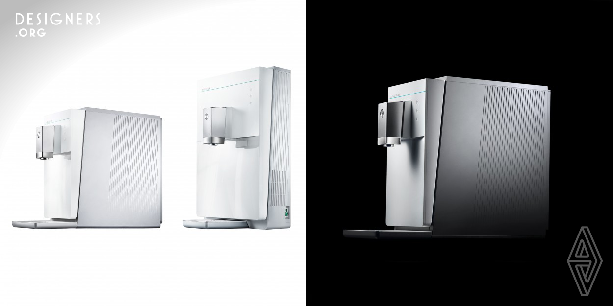 The family of water dispensers are developed in-line with a new scientifically infused brand identity. Led by an arrangement of layered geometries and a diagonally imbued composition, the object finely establishes clues of minimal architecture. The front’s gently carved scoop blends seamlessly into the contrasting finishes that materialise the appearance of water, surrounded by the crisp scientific architecture. Wholly designed with busy households in mind, the products are greatly accessible with a spaciously offset spout allowing for a larger variety of container sizes.