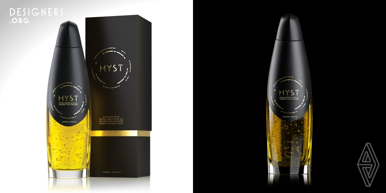 Our purpose was not to create something to hold our precious liquid but something that would contain the olive oil's soul. The bottle designed for MYST is a visual answer to the intricacy and delicate taste of high quality olive oil. The contrasting sharp and round shapes that pierce forward are an analogy to the product itself.