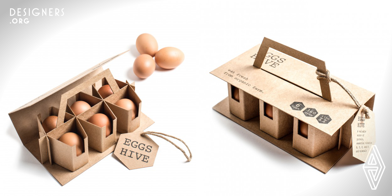 Eggs Hive is an egg packaging inspired by the structure of beehive. The hexagon form greatly enhances the strength of the box, since it can bear force better than any other shape. The package is made of kraft paper, which is raw, strong and eco-friendly, and assembled without use of glue. The handle is not just to make the box is easier to carry around, it also designed to lock the lid of the box as well.