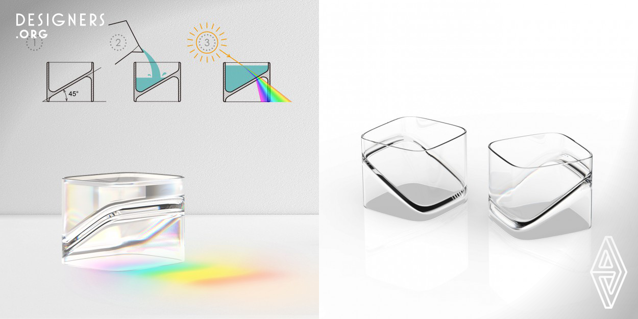With a 45 degree slopping bottom, the regular glass divides into two triangular sections. When the glass cup is filled with water, the top section becomes a water prism allowing sunlight passing through to project a “rainbow” on table. This design intends to encourage people to find, observe and create the beauty of nature in life. Further more, it can touches your heart with an unexpected beauty in such a fast-paced society in China.