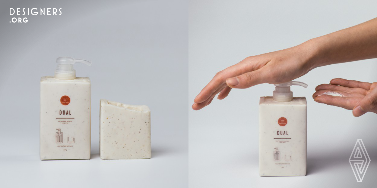 Dual is a new idea of liquid hand wash using solid soap as packaging. The solid soap is made in a high density to make sure it does not crash when pressing the pump. It is designed to decrease the plastic pollution generated by the waste bottles. After using up the liquid soap, user can remove paper wrapping and use the solid soap packings as hand wash. In the end, dispenser pump is the only component left and can be used in other Dual soap replacement. 