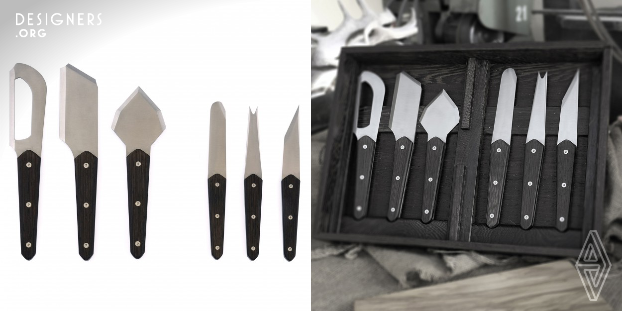 The set consists of six blades: three for serving and three for tasting. The serving blade has a double function developed observing the actions we do with different type of cheese paste. The tasting cutlery have been developed focusing on the idea that shape of objects has influence on the perception of flavor. This cutlery set for cheese tasting is focused on use experience. Indeed, the user is involved in a tasting path which will lead to an increasing and complete perception of the same flavor. In fact, tasting the same cheese with a different tools will change the intensity of the flavor.