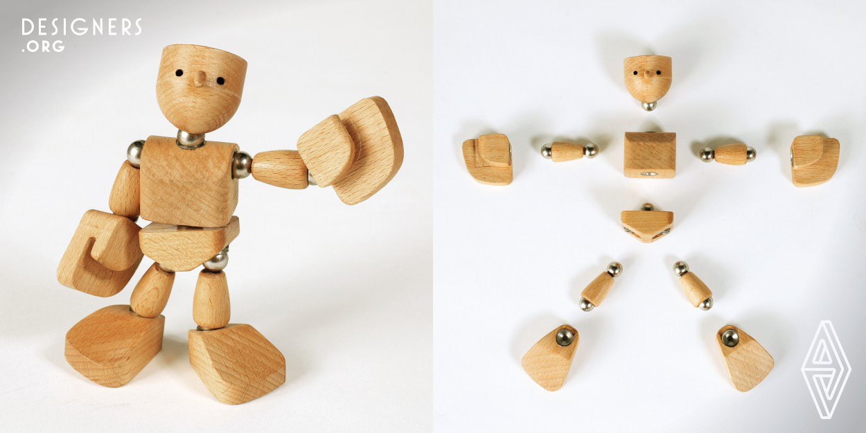 The Wonkis are a family of wooden and magnetics figurines. The objective was to create a wooden toy that could move almost like a human and it was achieved by using kneecaps and magnets as joints. The Wonkis are very flexible. But they had to be nice looking too: their rounded eyes and nose give them a friendly appearance. They have different accessories to create different worlds, from a surfer to a Viking warrior. No plastic, only wood and magnets and steel kneecaps are used. A CNC machine can produce them at a large scale, although a lot of hand finishing is needed as well.