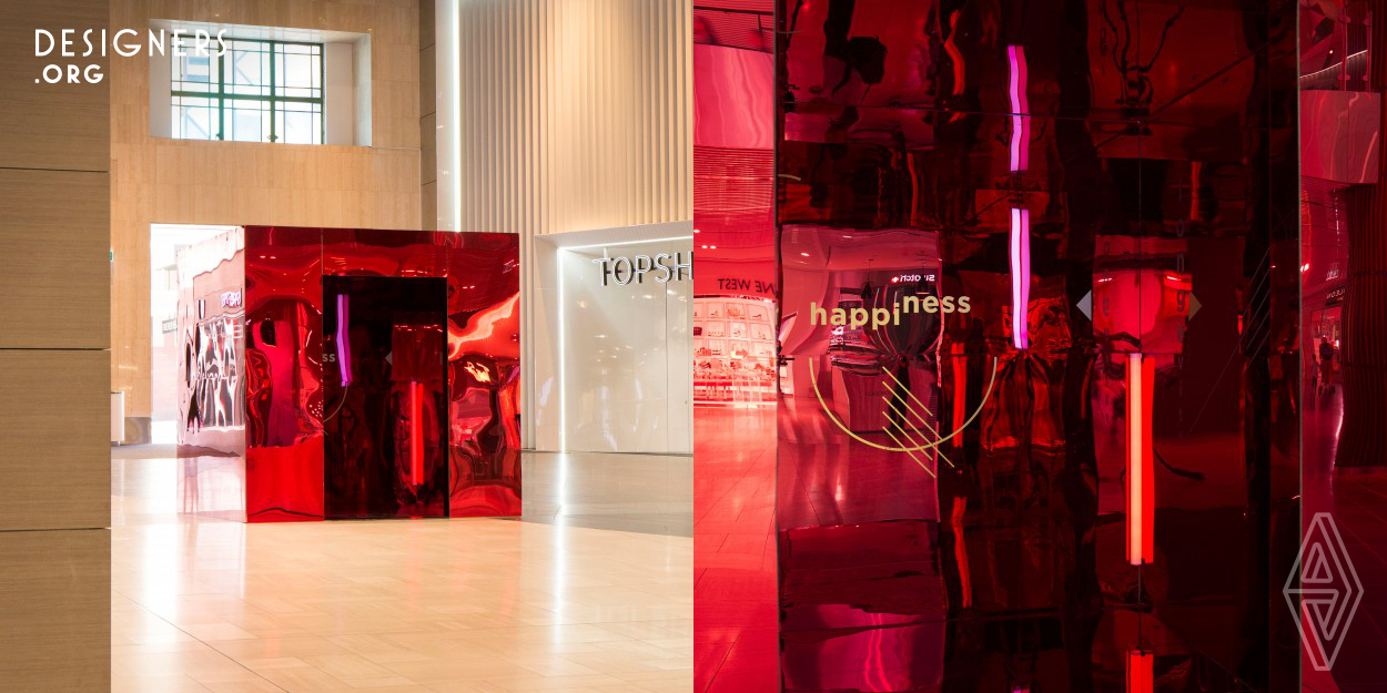 Inspired by the colour red, which symbolises good fortune in Chinese Culture, The Reflection Room is a spatial experience that has been created entirely out of red mirrors to create an infinite space. Inside, typography plays the role of connecting the audience to each of the Chinese New Year’s main values and prompts people to reflect on the year that has been and the year ahead.