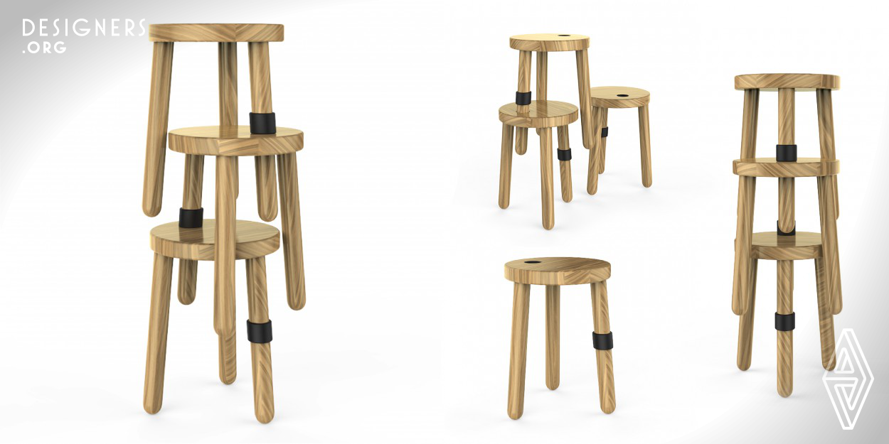  Etabu is a set of 3 stools that create the feeling of not being in balance when they are stacked. The stools evoke the simplicity and practicality of accommodation with engineering calculations to maintain the balance. The materials used such as plastic and wood, create the perfect combination to avoid friction that may harm the stools. Etabu was designed for reduced spaces maintaining a simple manufacture and an accessible cost to the client. Etabu pretends to use surprise as one of the ways to open people´s minds, increasing unconsciously their creativity.
