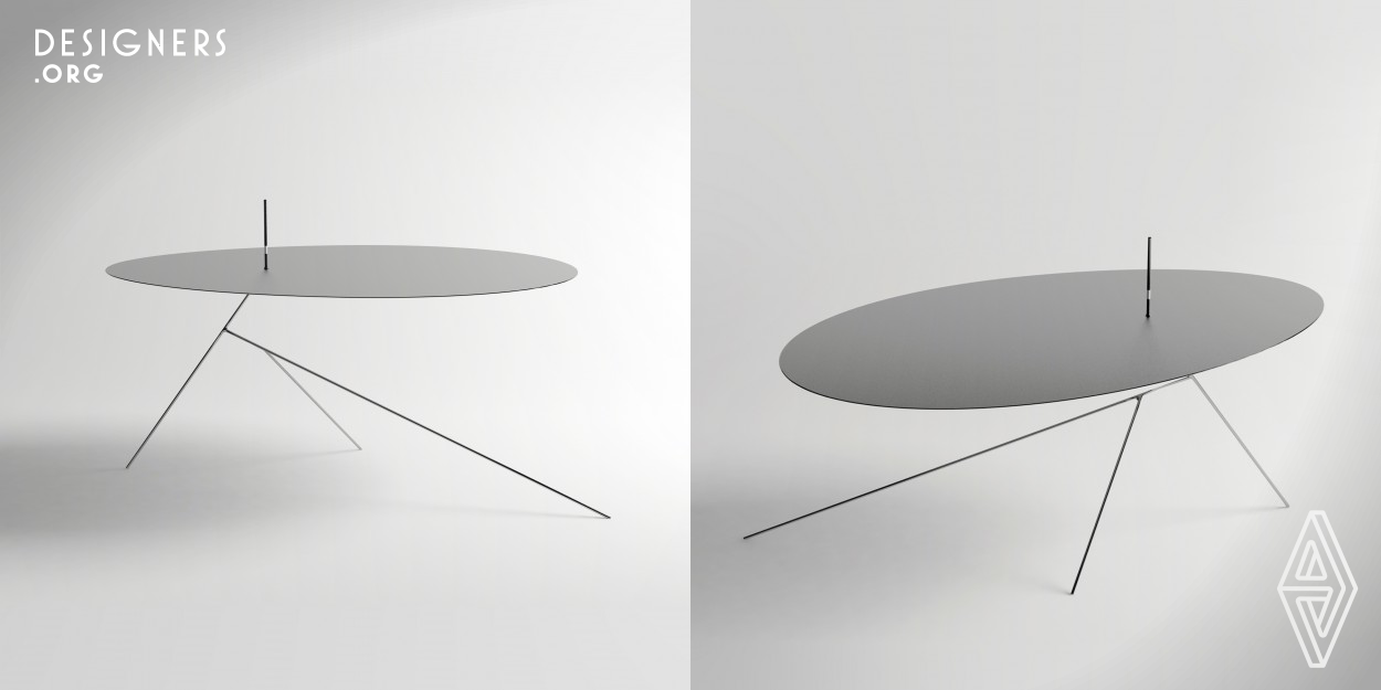 Chieut was, literally, the main inspiration behind it all, as a fearless pictorial translation of the Korean word to a sophisticated table; thus highlighting another possible facet of minimalism, denying abstraction as a result and welcoming figurative visual representation. Uniting simple and thin steel pipes as the foundation, the balancing act starts to unravel before our eyes; an oval steel sheet, just as nimble as its base, sits off-balance pompously unlike most classic tables. 