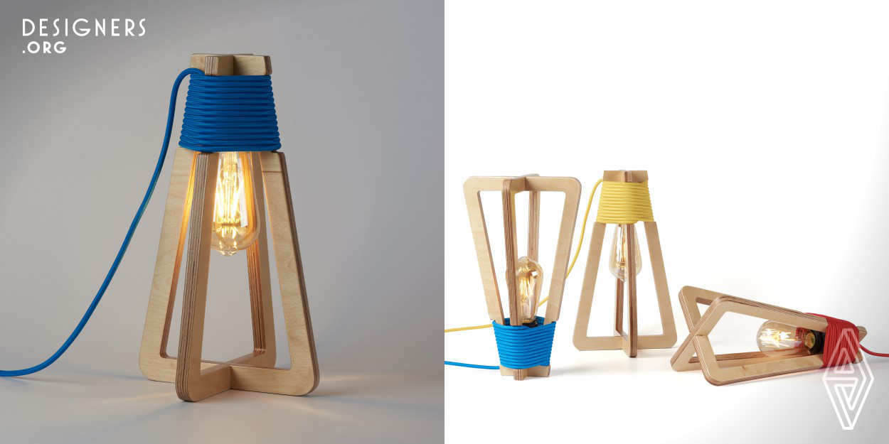 The Up-Side-Down lamp is designed to produce ambient light with low energy consumption. By choosing the color of the cable, the Up-Side-Down can suit in any space. It can be placed in different ways, on the floor, on the table, at the ceiling. It is designed and manufactured with concern to sustainability, since it only uses two pieces of wood, with a simple manufacturing process, and the cable with it's fixture.