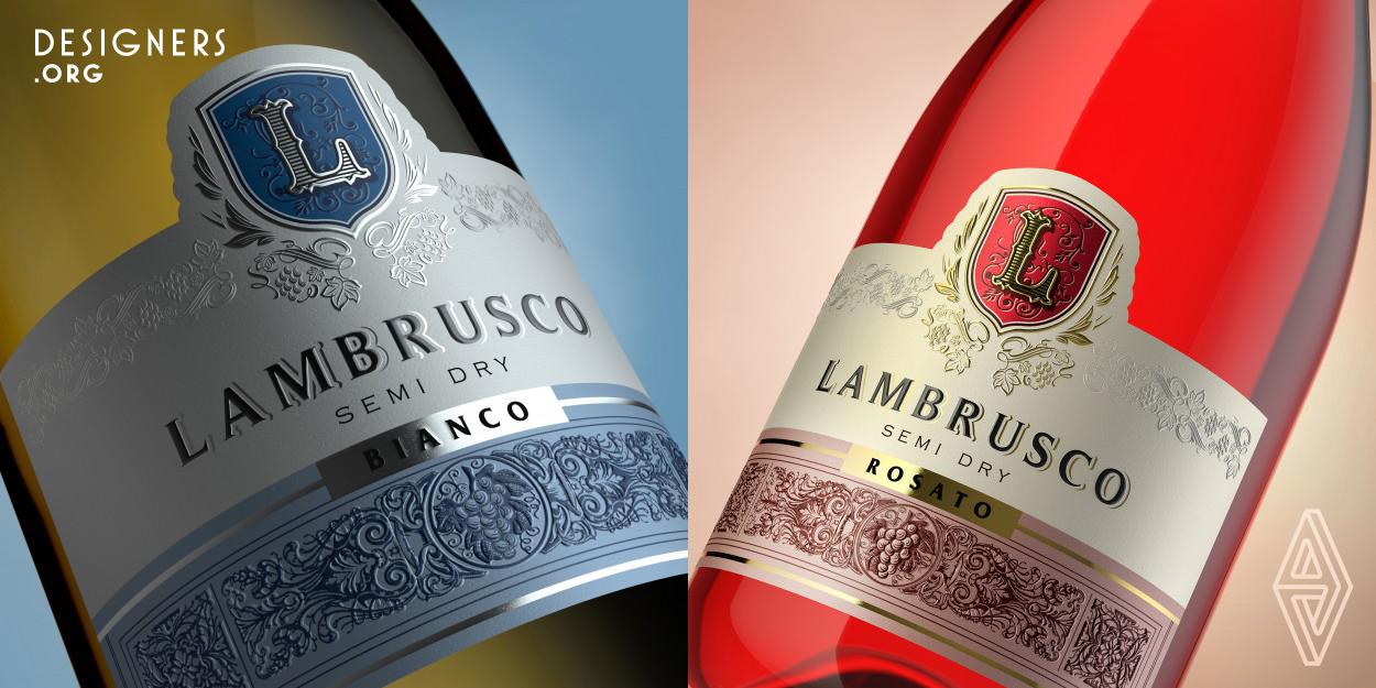 This design solution is aimed towards communicating the lively character of the product itself. Since Lambrusco wines are known for their sparkling and light sensation, the packaging strives to follow the same spirit by using light and airy graphic elements with an obvious Italian heritage, which makes it easy to identify the product's region of origin.