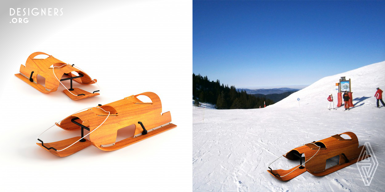 Slegger is snow sledge for two. Its body designed to distribute the weight of the skiers equally to slides. The seats on board are trimmed from the body and assembled reverse to board. All of the materials that are used for building Slegger are natural materials, such as wood, aluminium, steel and cotton.