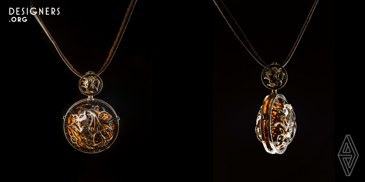Frangue team wanted to create a pendant for men which depicts beauty and power of a real warrior with Norse sea waters. A citrine stone symbolizes the Norse sea water in its dark- brownish colour. And a seahorse is a symbol of power and beauty. This design is unique in its heart - a gemstone creates a beautiful congac color when a light hits it and radiates all around. 