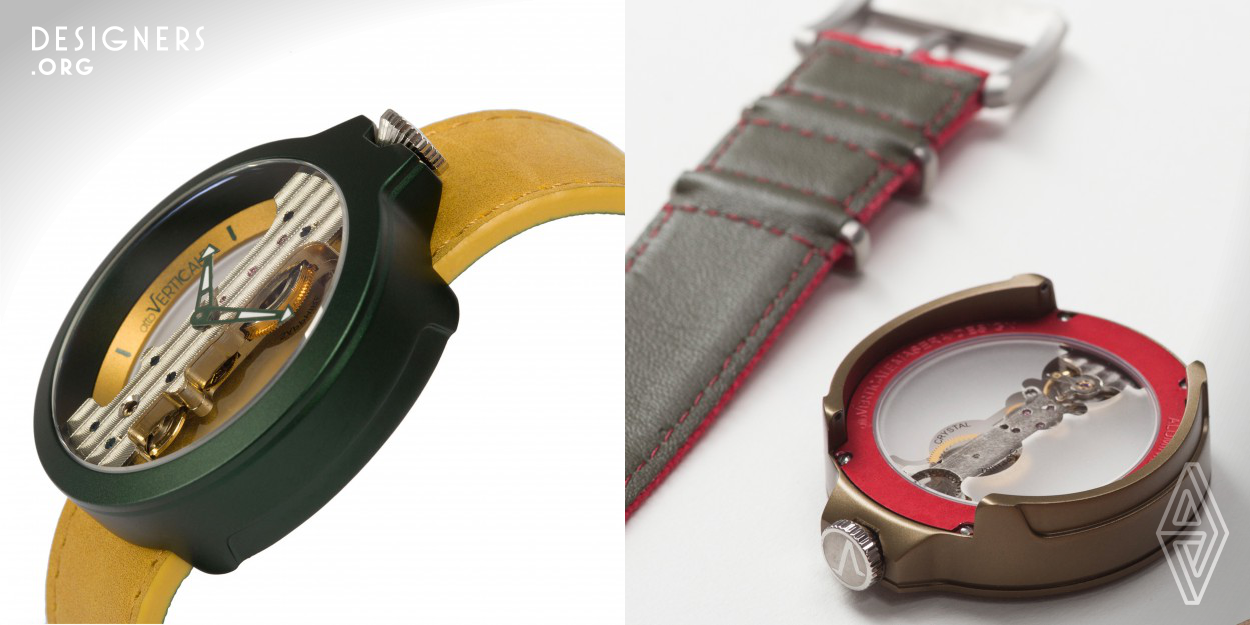 Wrist watch with a mechanical hand wound movement assembled on an aluminum colored case. In between two sapphire glasses the movement floats on the strap, matching with the shape and the colors of the case. The interchangeable strap has two tone: the front follows the color of the inner ring, the back is the case color. The matte finishing of the bottom sapphire crystal shows the transparent silhouette of the movement. Atto Verticale has nine color versions with two materials strap: canvas or leather.