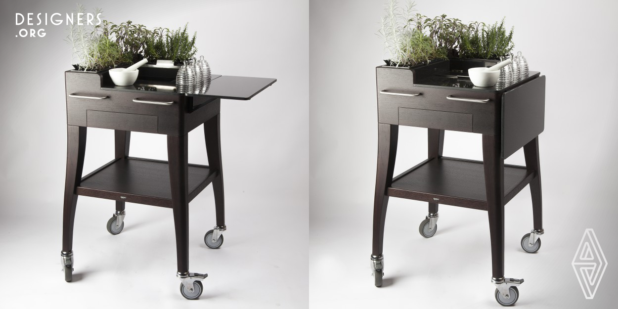 Patrick Sarran created the Herbal Tea Garden as a unique item for the Landmark Mandarin Oriental of Hong Kong in 2014. The catering manager wanted a trolley on which he could perform the tea ceremony. This design re-uses the codes developed by Patrick Sarran in his K Series trolleys, including the KEZA cheese trolley and the Km31 multifunctional trolley, influenced by Chinese landscape painting. 
