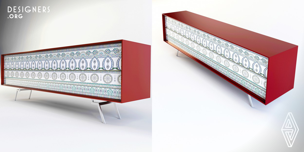 This project was inspired from a traditional folklore decorative scripture. It is presented with a combination of red, blue, blue-black ,green, oil and khaki colors. It is thought to be used as a sideboard as well as a decorative object both in modern and classic houses. It tries to marry tradition  with modern life. It shows the way to remember the roots but also look into future. It shows the transformation from something old into something new. Simplicity with a hint of elegance. 