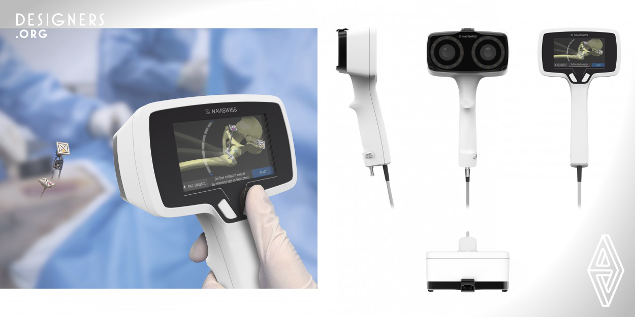 The Naviswiss system is an imagefree surgical navigation system which assists the orthopedic surgeon during the implantation of an artificial hip joint. It consists of a handheld navigation device which is used to register the patients anatomy. Subsequently the navigation system helps the surgeon to guide the surgical instruments with the goal to position the implant according to the preoperative planning.