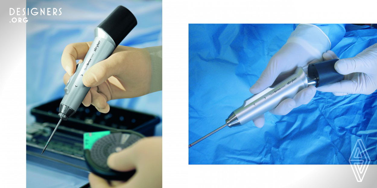 The battery powered screwdriver QuikDrive was developed for use in neuro-, craniomaxillofacial and hand surgery. This optimally balanced instrument with touch sensors for continuous, variable speed control enables the surgeon to insert and remove the smallest Stryker implant screws with a diameter of 1.2 to 2 mm. The reduced pencil-shaped form is tapered at the tip allowing the surgeon free vision within the operating area, freedom of movement and a very precise mode of operation in difficult applications.