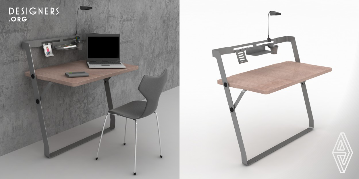 Octavo is a home office concept designed to be able to function as soon as unboxed, without the need of any assembly process. As a solution for creating workspaces in small living environments, Octavo proposes a portable worksurface leaned on the wall.The product is assembled and packaged in production facility. The key point in usage scenario is to provide ease of use to customers. As soon as unboxed with a simple folding operation desk itself stands by leaning on a wall, creating a 90° worksurface. Elastic bumpers are placed where the product meets with floor and wall. 
