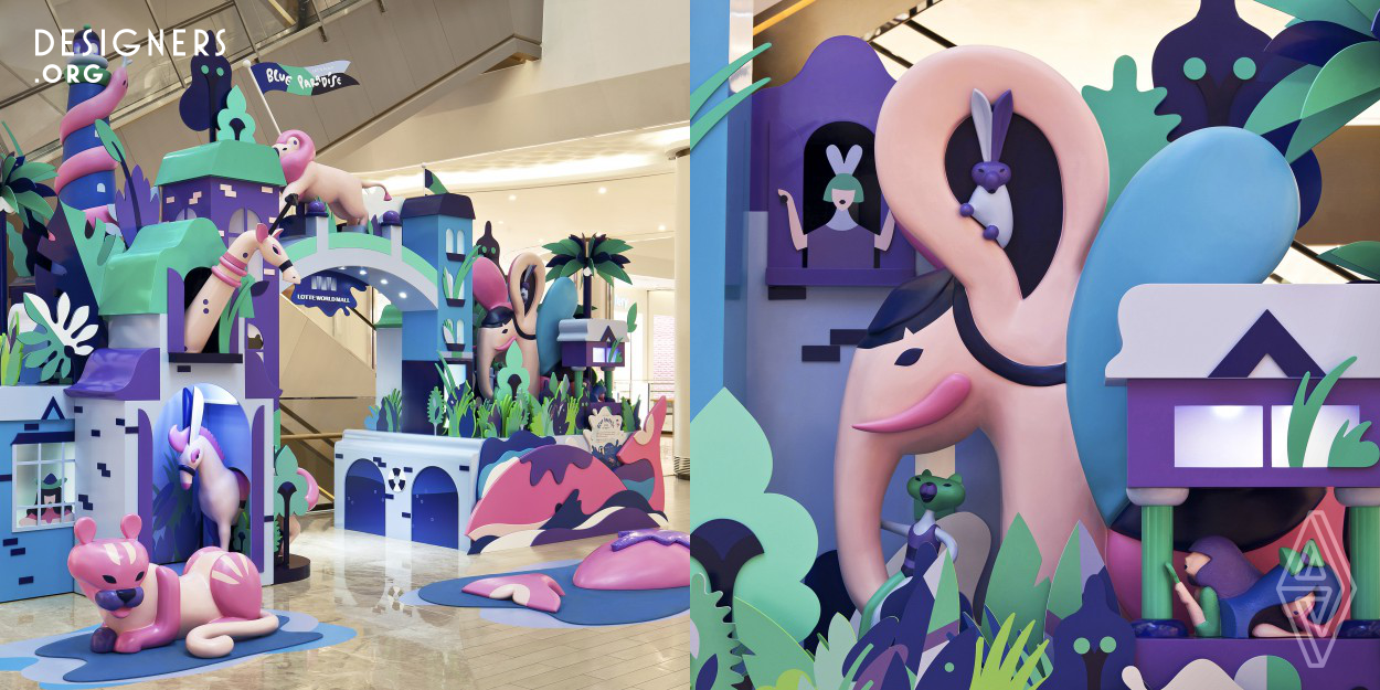 TIST wanted to give new and unexpected experience to customers for the summer project of LOTTE WORLD MALL. So the study was focused on to increase the user experience by space and to expand the culture of story by design connecting the wide space of complex mall into one story. In collaboration with the illustrator, Janine Rewell, with the theme ‘Let’s play, Blue Paradise’, a story was made that animals and girls play together in summer in a magical island on deep blue sea to create the continuous storytelling for customers while shopping and moving.