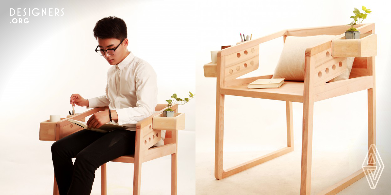 Leisure Attaching is a changeable chair set that included one chair and some small wooden boxes. Attach these wooden boxes to the different sides of the chair to have your own ways to use them. Users can put maybe handbook, pens, remote control, mug and even small potted plant in the boxes to bring your chair alive.