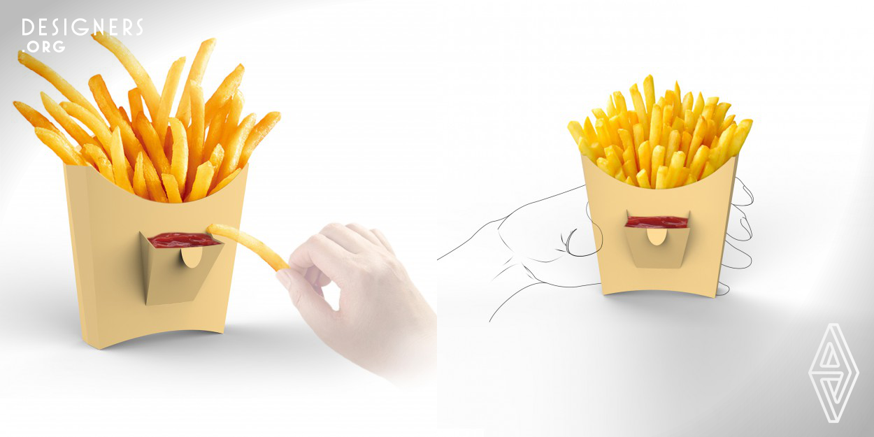 People always like to squeeze the ketchup on paper tray, and eat with french fries directly. However, there is organic pollutants, heavy metal oxide on the printing paper tray. It will cause cancer easily, if you eat like the way for a long time! This is a french fries box design.The little pocket on the front can guide user to squeeze ketchup in it, rather than on paper plate, provide a sanitation, environmental protection and healthy way to eat!
