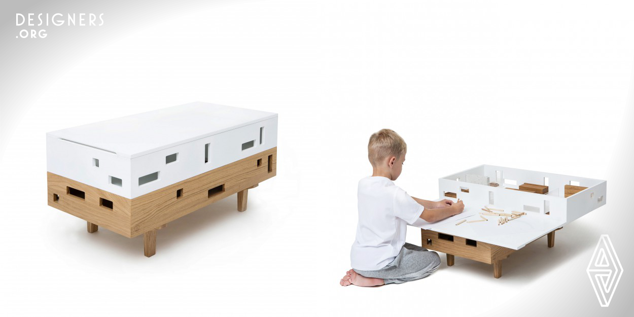 Hus is a small table that can also serve as a storage space or as a miniature house for children to play and learn the rudiments of arranging space. Many traditional dollhouses do not allow children to exercise their imagination and spatial planning, which is reflected also in adulthood. Hus familiarizes children with the principles of architecture and attentively designed interiors and lets them explore materials used in construction, like wood, concrete and clear panels. It is a piece of furniture which connects different generations by allowing them to spend quality time together.