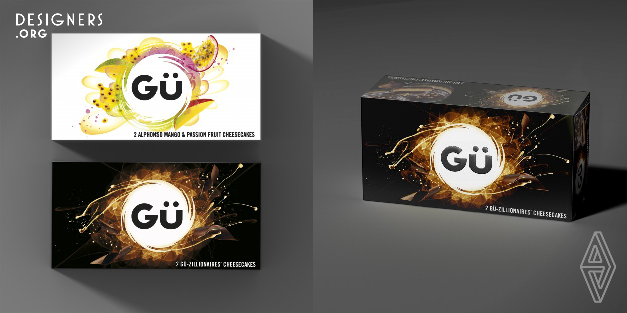 The project was to redesign the range's packaging to reflect the indulgent, high-quality nature of the desserts. The final designs provide visual sensorial triggers to help subconsciously awaken the anticipation of each dessert experience. Each pack's creative ignition point starts at the word Gü and bursts outwards to create each unique flavour sensation. The design shows visual explosions of pleasure that create a distinct and unique language for the Gü brand and engage with consumers by offering something more than conventional food photography. 